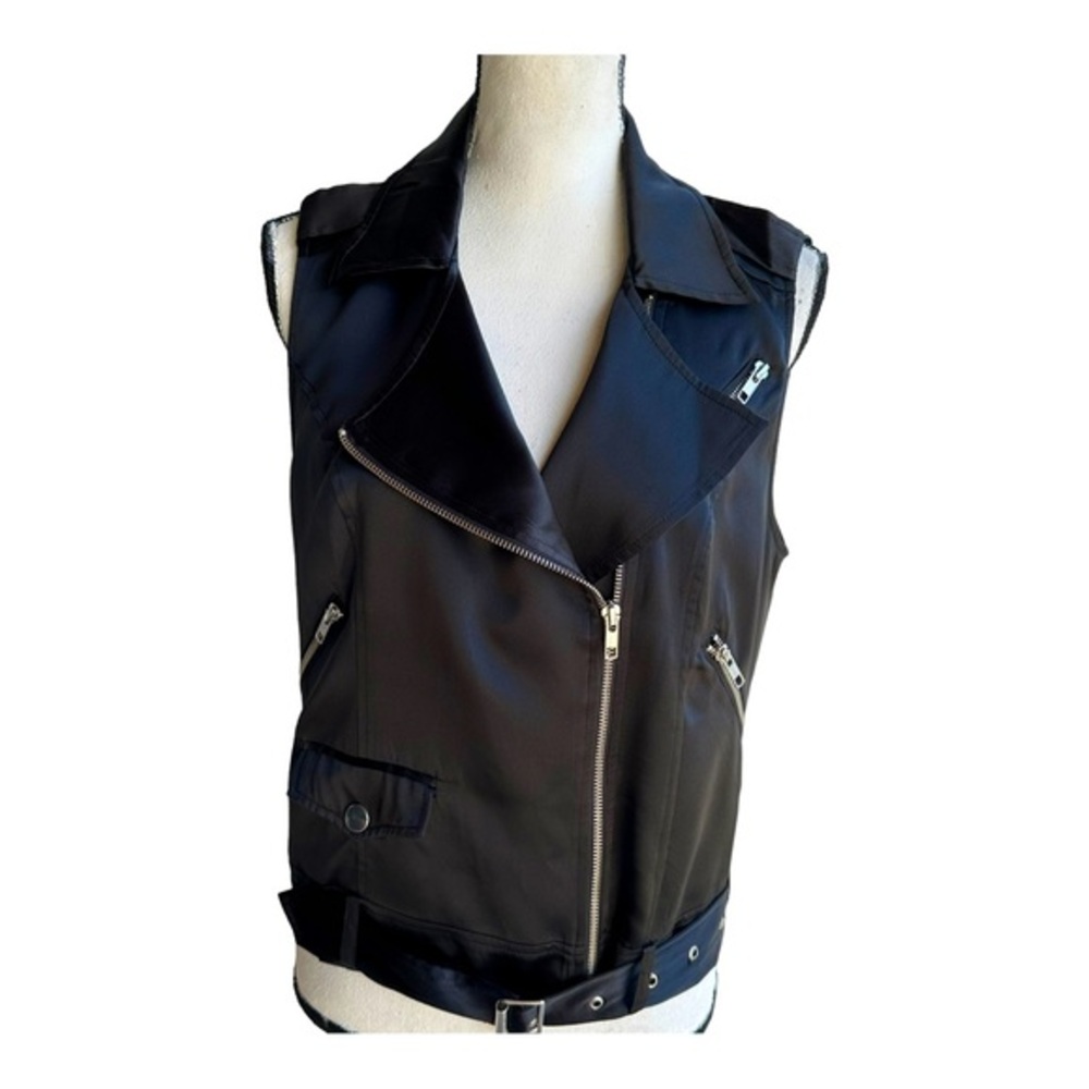THE MAN REPELLER Women Moto Vest X PJK Sz Small Black Silk Belt Zip.